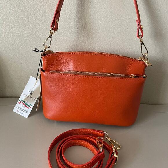 New DIVINA FIRENZE Orange Gold Crossbody Handbag Purse Quality Fine Leather - Picture 3 of 11